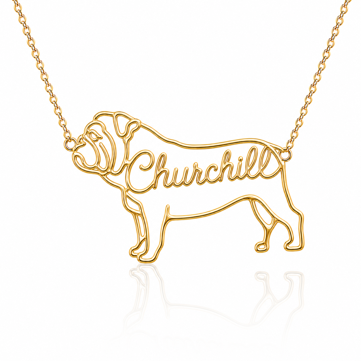 Soulyshine English Bulldog personalized dog silhouette name necklace in gold - Churchill design