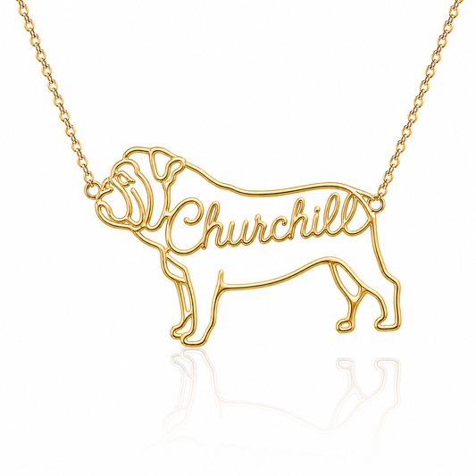 Soulyshine English Bulldog personalized dog silhouette name necklace in gold - Churchill design