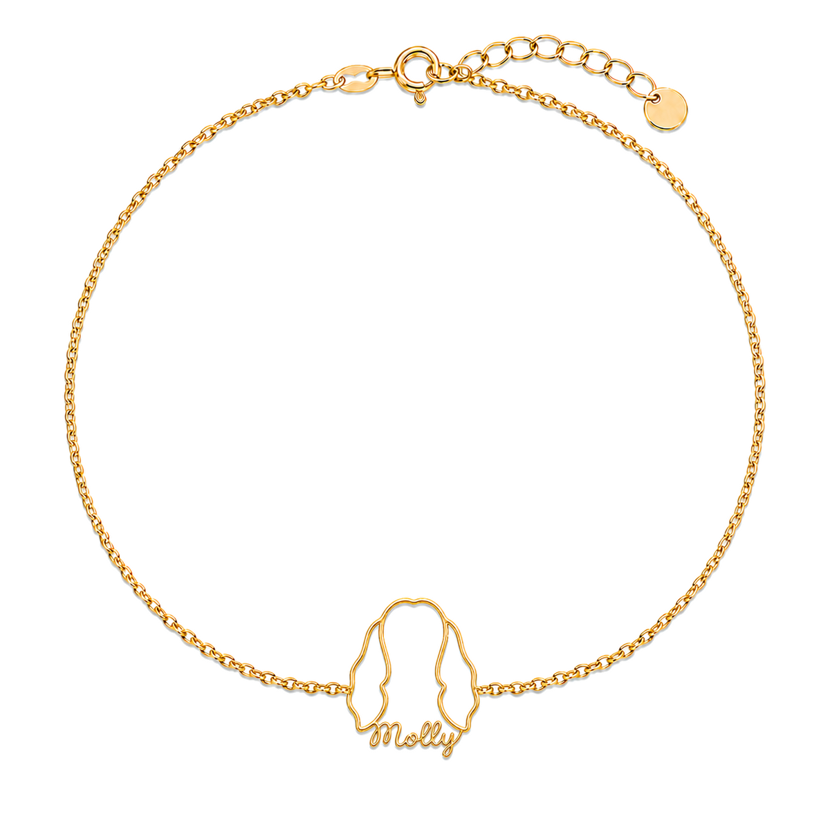 Soulyshine English Cocker Spaniel Whisper Outline pet face and Molly name handcrafted bracelet - 18K Gold Vermeil front