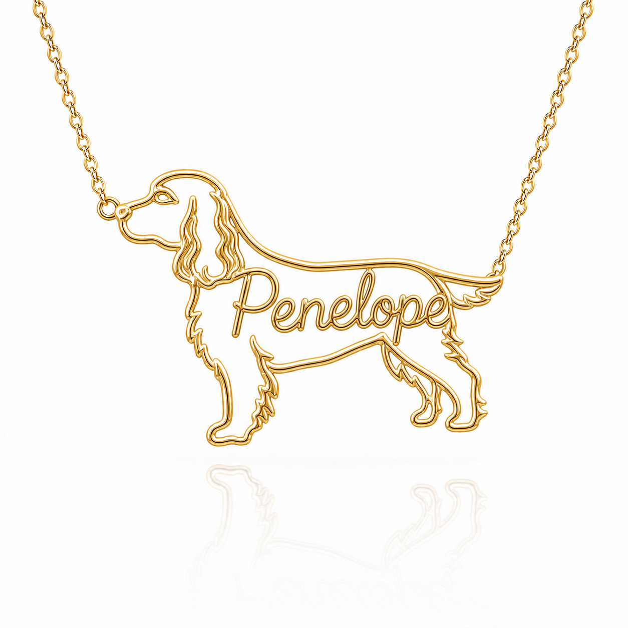 Soulyshine English Cocker Spaniel personalized dog silhouette name necklace in gold - Penelope design