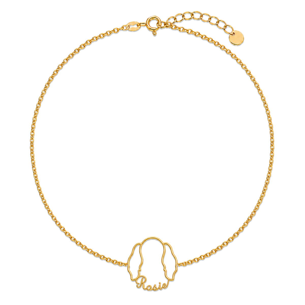 Soulyshine English Toy Spaniel Whisper Outline pet face and Rosie name handcrafted bracelet - 18K Gold Vermeil front