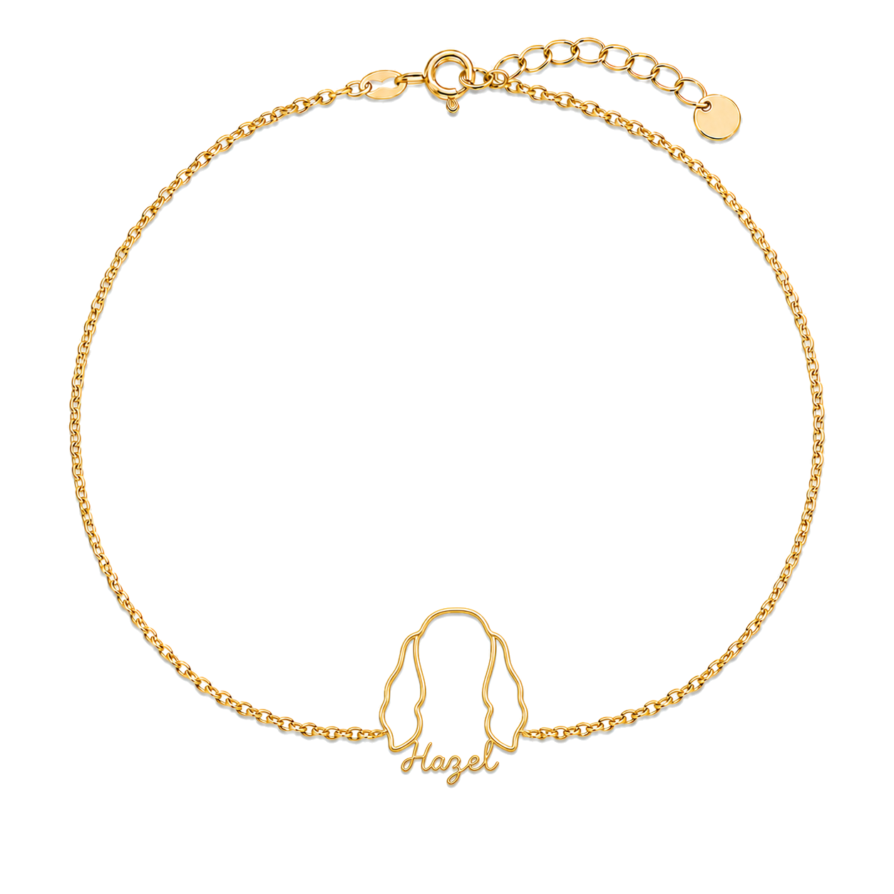 Soulyshine Field Spaniel Whisper Outline pet face and Hazel name handcrafted bracelet - 18K Gold Vermeil front
