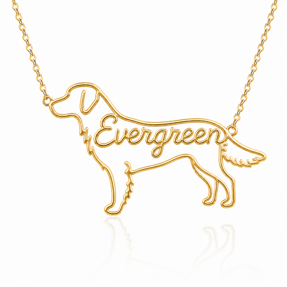 Soulyshine Flat Coated Retriever personalized dog silhouette name necklace in gold - Evergreen design