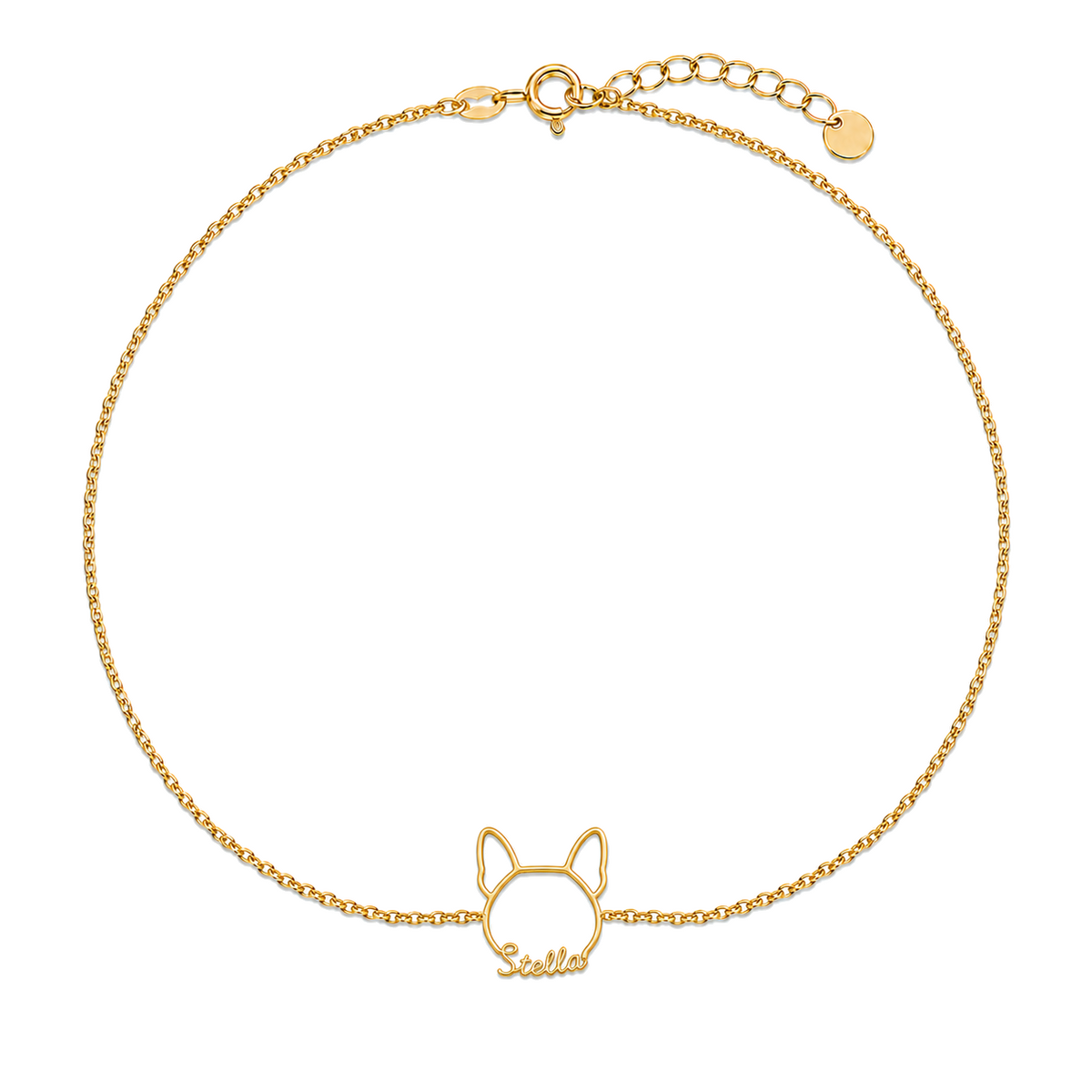 Soulyshine French Bulldog Whisper Outline pet face and Stella name handcrafted bracelet - 18K Gold Vermeil front
