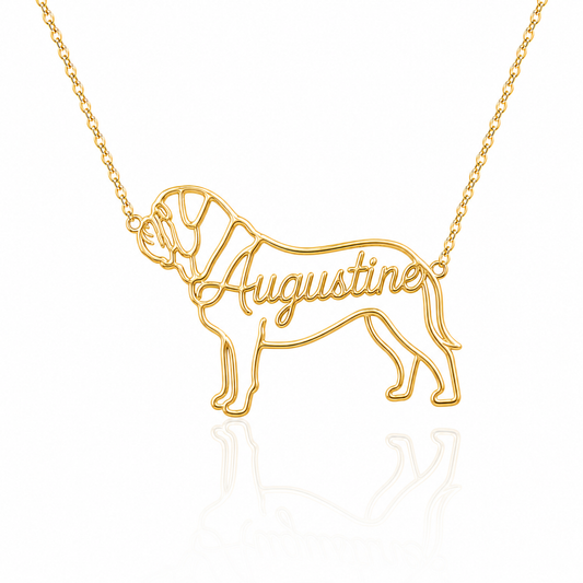 Soulyshine French Mastiff personalized dog silhouette name necklace in gold - Augustine design