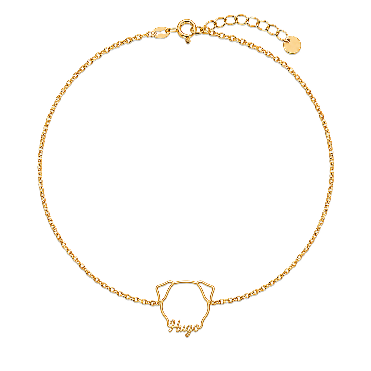 Soulyshine French Mastiff Whisper Outline pet face and Hugo name handcrafted bracelet - 18K Gold Vermeil front