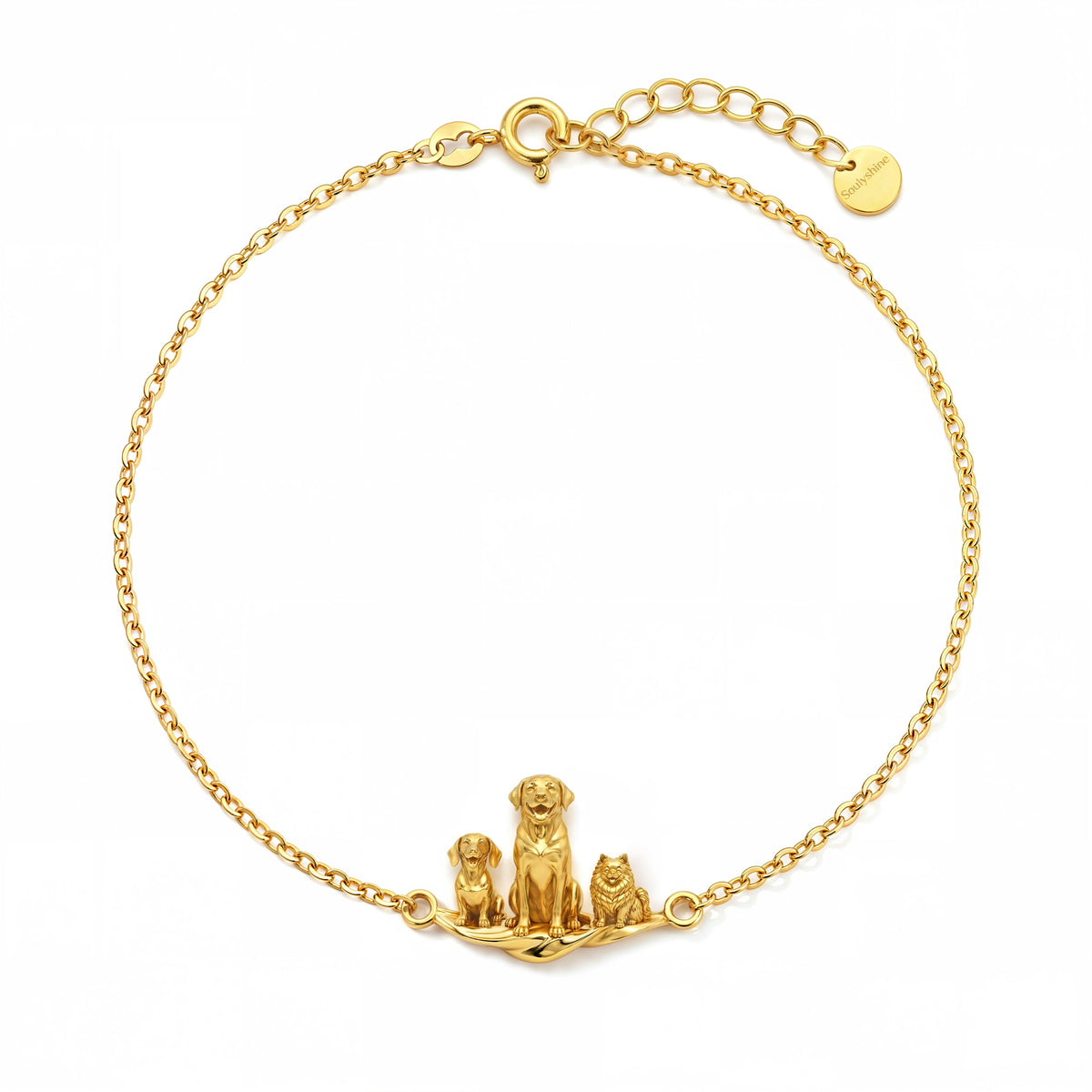 Yellow gold vermeil Eternal Paw Bracelet with three sculpted pet figures and a signature brand tag.