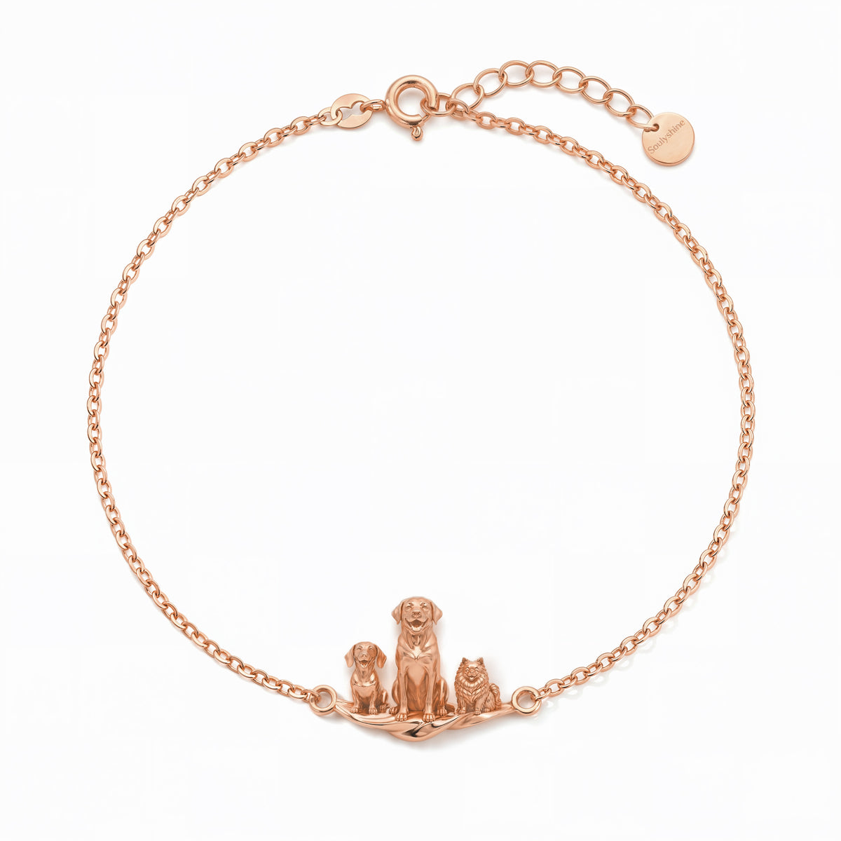 Rose gold personalized pet breed bracelet displayed against a clean white background showing the full chain.