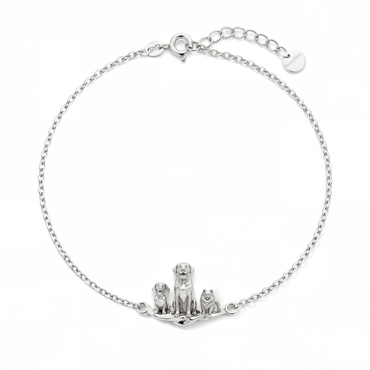Full view of the sterling silver Eternal Paw Bracelet with an adjustable chain and lobster clasp.