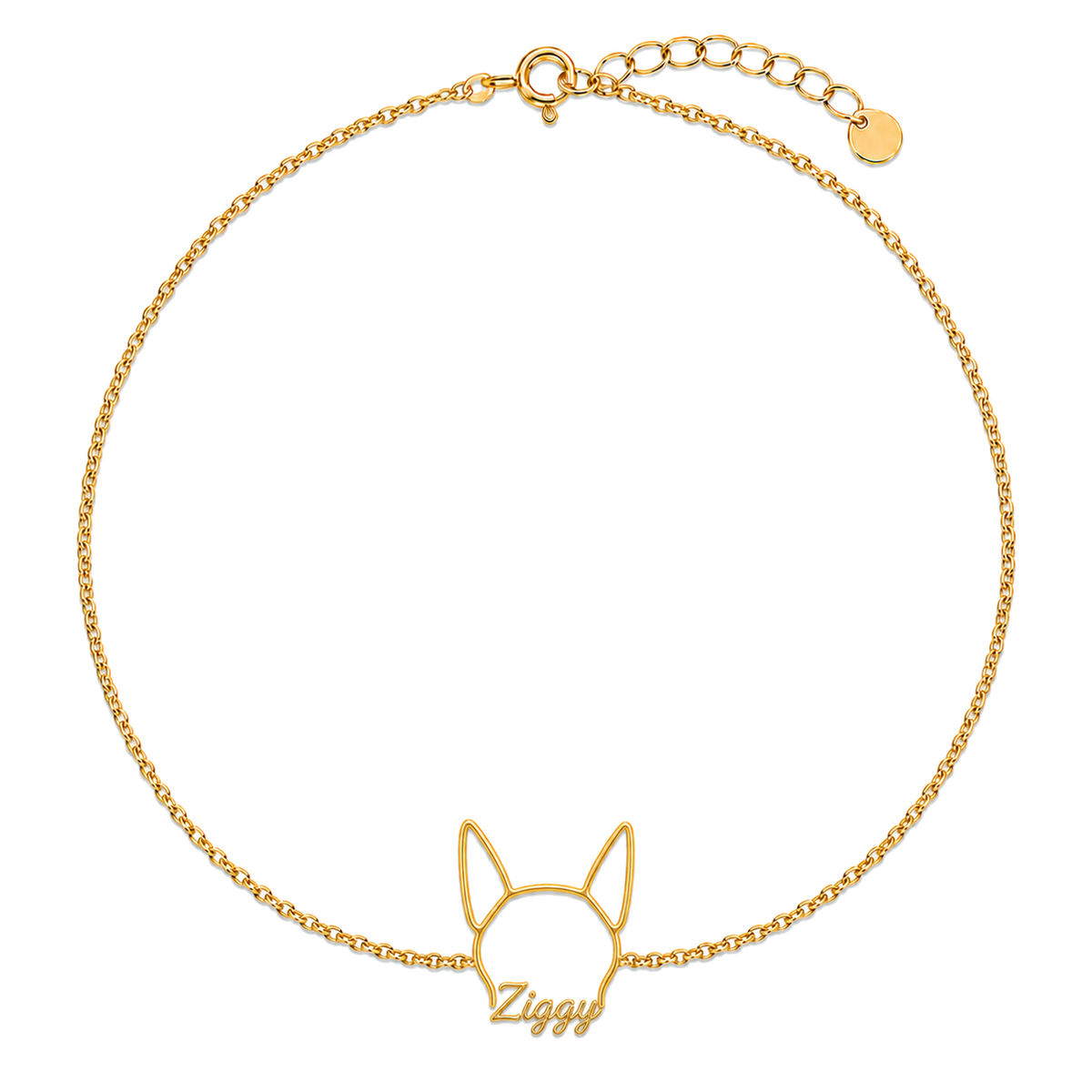 Soulyshine German Pinscher Whisper Outline pet face and Ziggy name handcrafted bracelet - 18K Gold Vermeil front