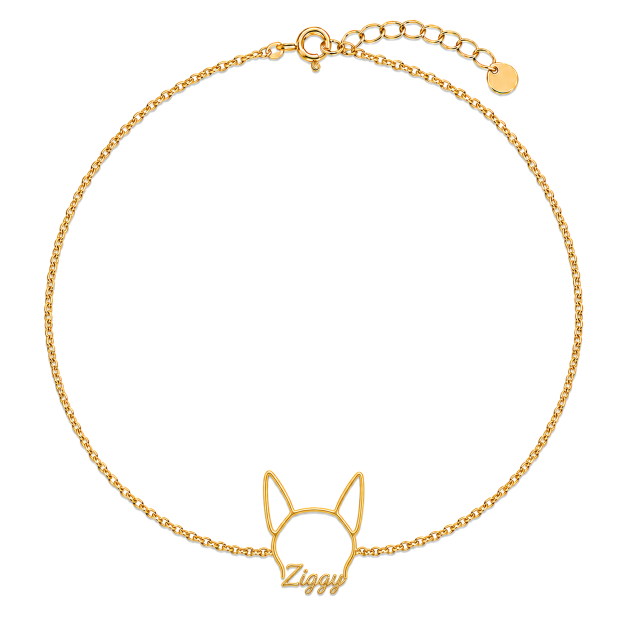 Soulyshine German Pinscher Whisper Outline pet face and Ziggy name handcrafted bracelet - 18K Gold Vermeil front