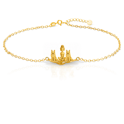 German-Shepherd-long-coat Personalized Girl And Her Pets Bracelet - 10K Solid Gold - Front