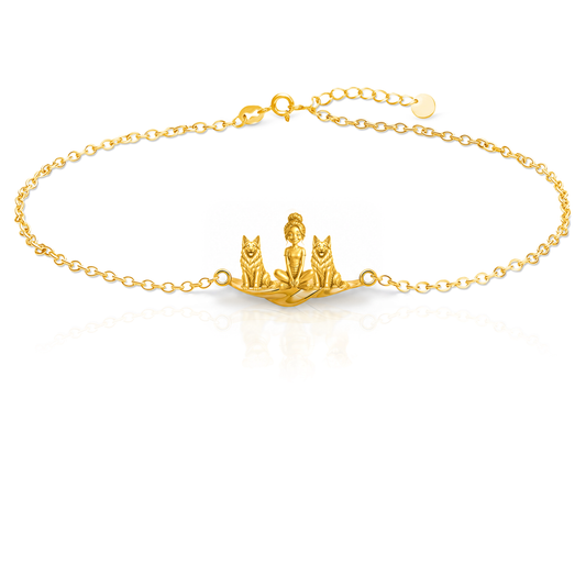 German-Shepherd-long-coat Personalized Girl And Her Pets Bracelet - 10K Solid Gold - Front