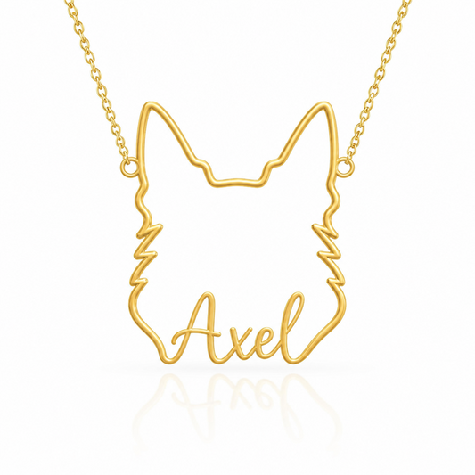Soulyshine German Shepherd - long coat personalized outline pet face and name necklace in gold