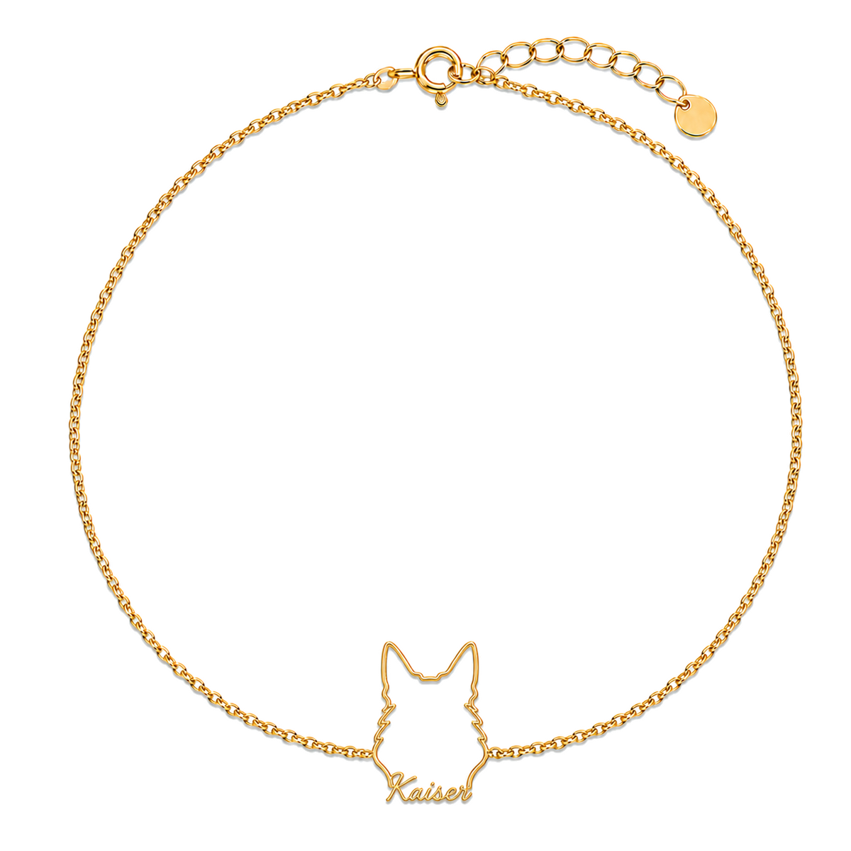 Soulyshine German Shepherd - long coat Whisper Outline pet face and Kaiser name handcrafted bracelet - 18K Gold Vermeil front