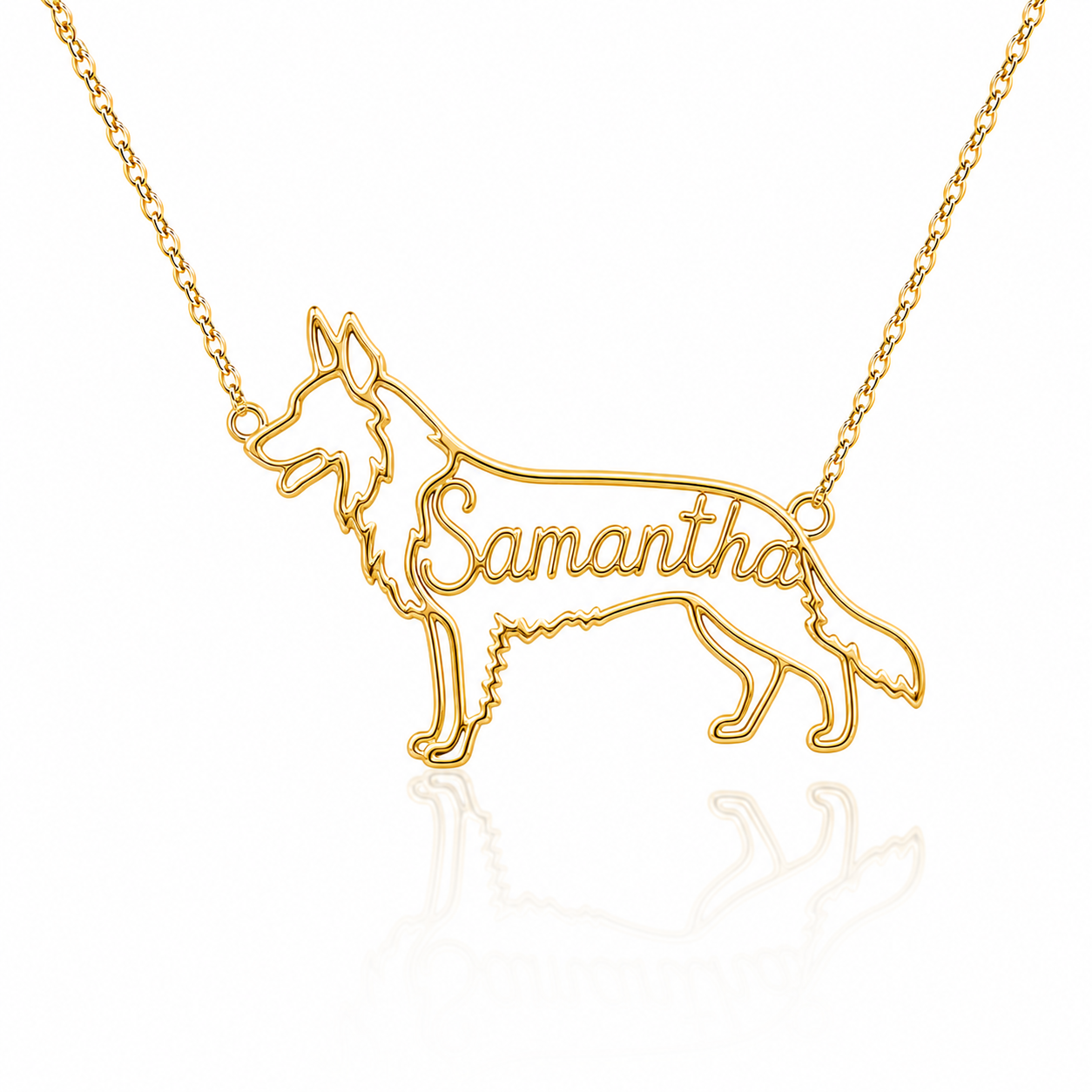 Soulyshine German Shepherd long coat personalized dog silhouette name necklace in gold - Samantha design