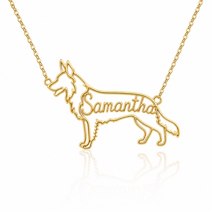 Soulyshine German Shepherd long coat personalized dog silhouette name necklace in gold - Samantha design