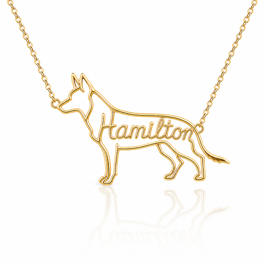 Soulyshine German Shepherd standard coat personalized dog silhouette name necklace in gold - Hamilton design