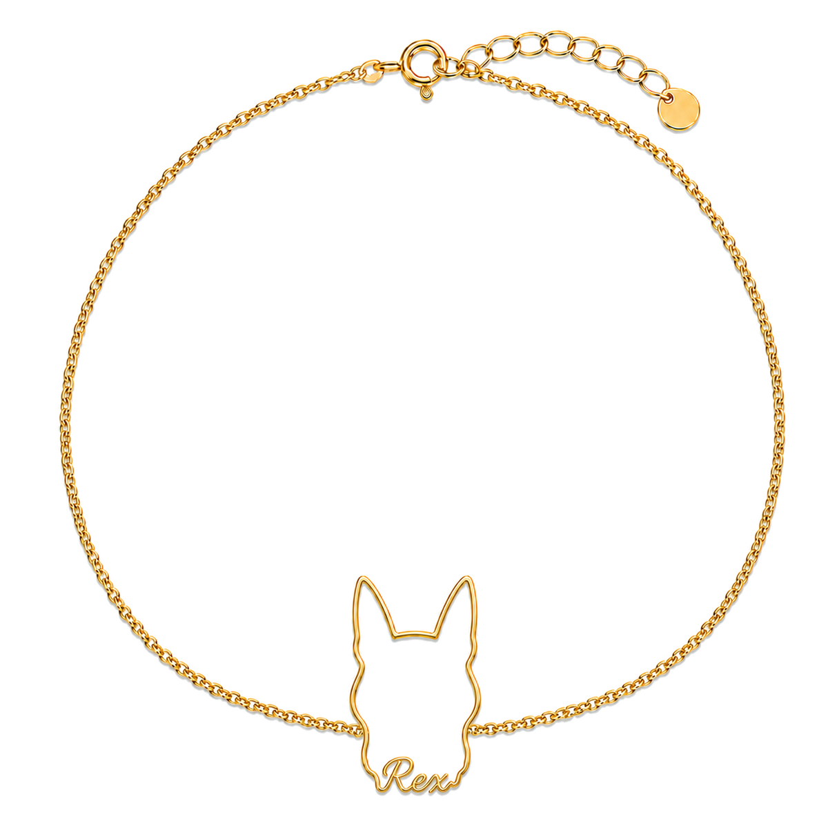 Soulyshine German Shepherd - standard coat Whisper Outline pet face and Rex name handcrafted bracelet - 18K Gold Vermeil front