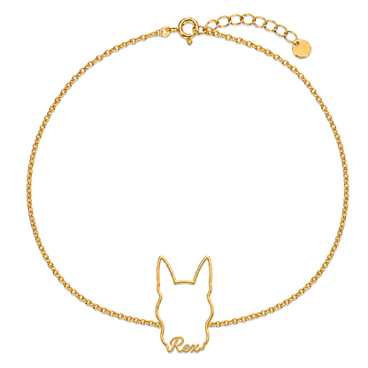 Soulyshine German Shepherd - standard coat Whisper Outline pet face and Rex name handcrafted bracelet - 18K Gold Vermeil front