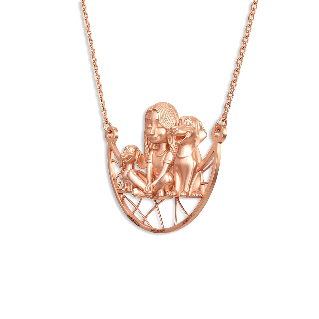 Soulyshine Personalized Girl And Her Pets - Handmade Necklace in Silver/14K Gold Vermeil/Plating