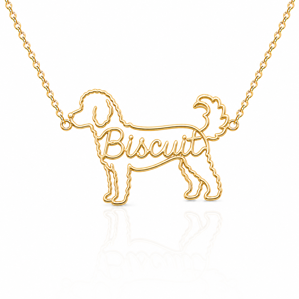 Soulyshine Goldendoodle mini personalized dog silhouette name necklace in gold - Biscuit design