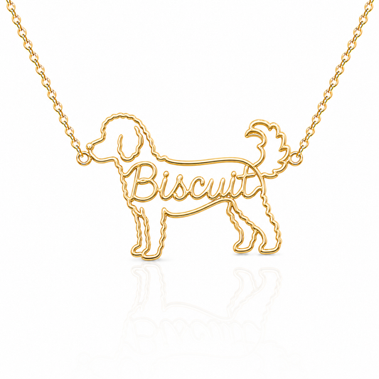 Soulyshine Goldendoodle mini personalized dog silhouette name necklace in gold - Biscuit design