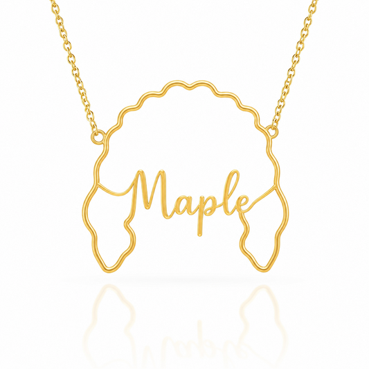 Soulyshine Goldendoodle - standard personalized outline pet face and name necklace in gold