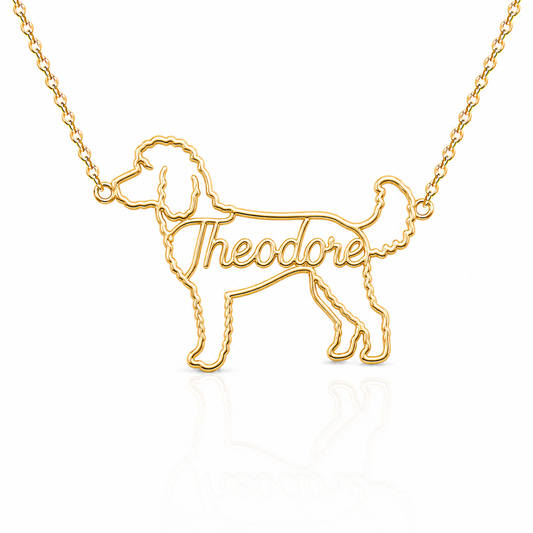 Soulyshine Goldendoodle standard personalized dog silhouette name necklace in gold - Theodore design