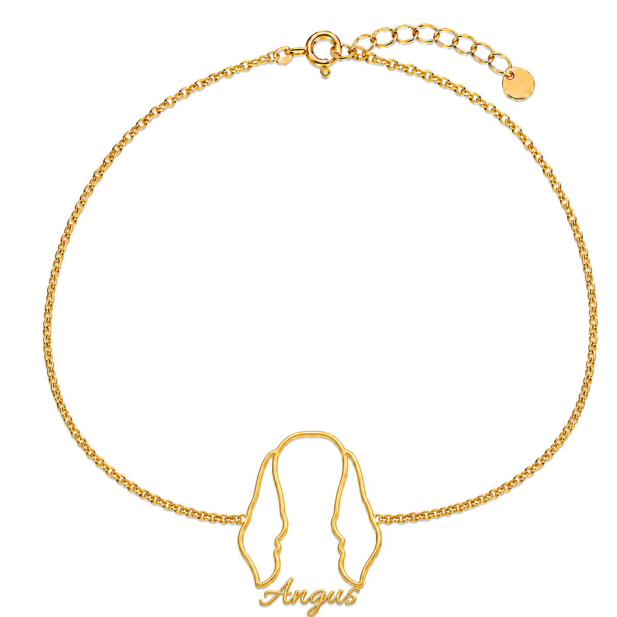 Soulyshine Gordon Setter Whisper Outline pet face and Angus name handcrafted bracelet - 18K Gold Vermeil front