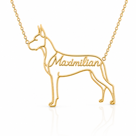 Soulyshine Great Dane cropped ears personalized dog silhouette name necklace in gold - Maximilian design