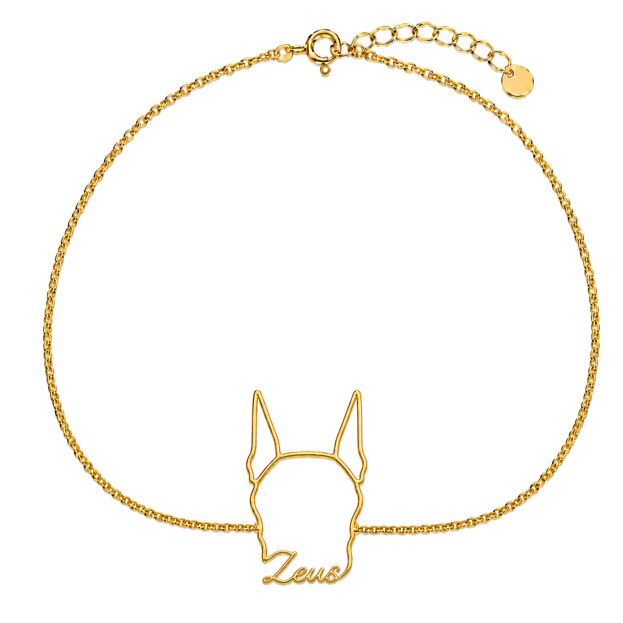 Soulyshine Great Dane - cropped ears Whisper Outline pet face and Zeus name handcrafted bracelet - 18K Gold Vermeil front