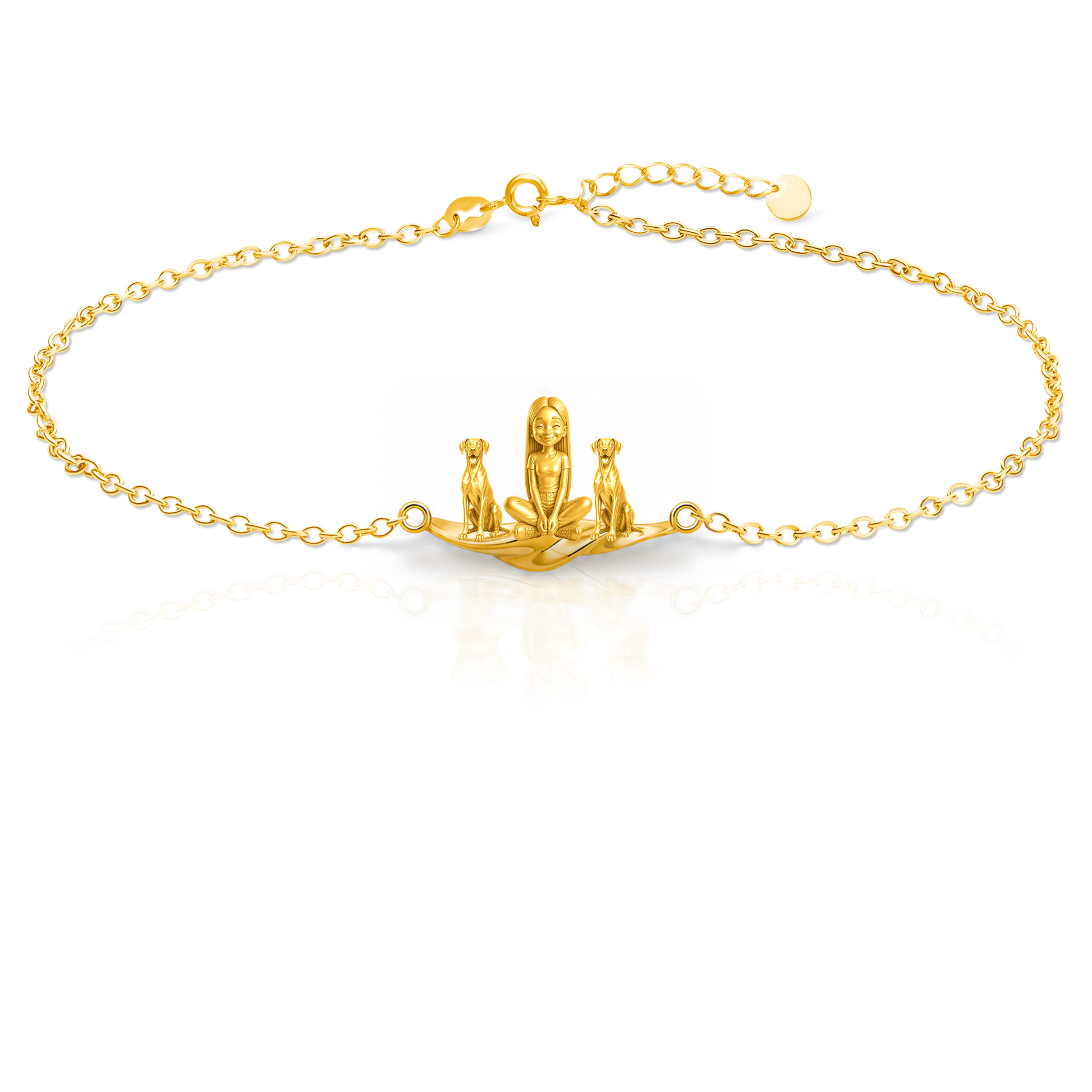 Great-Dane-natural-ears Personalized Girl And Her Pets Bracelet - 10K Solid Gold - Front