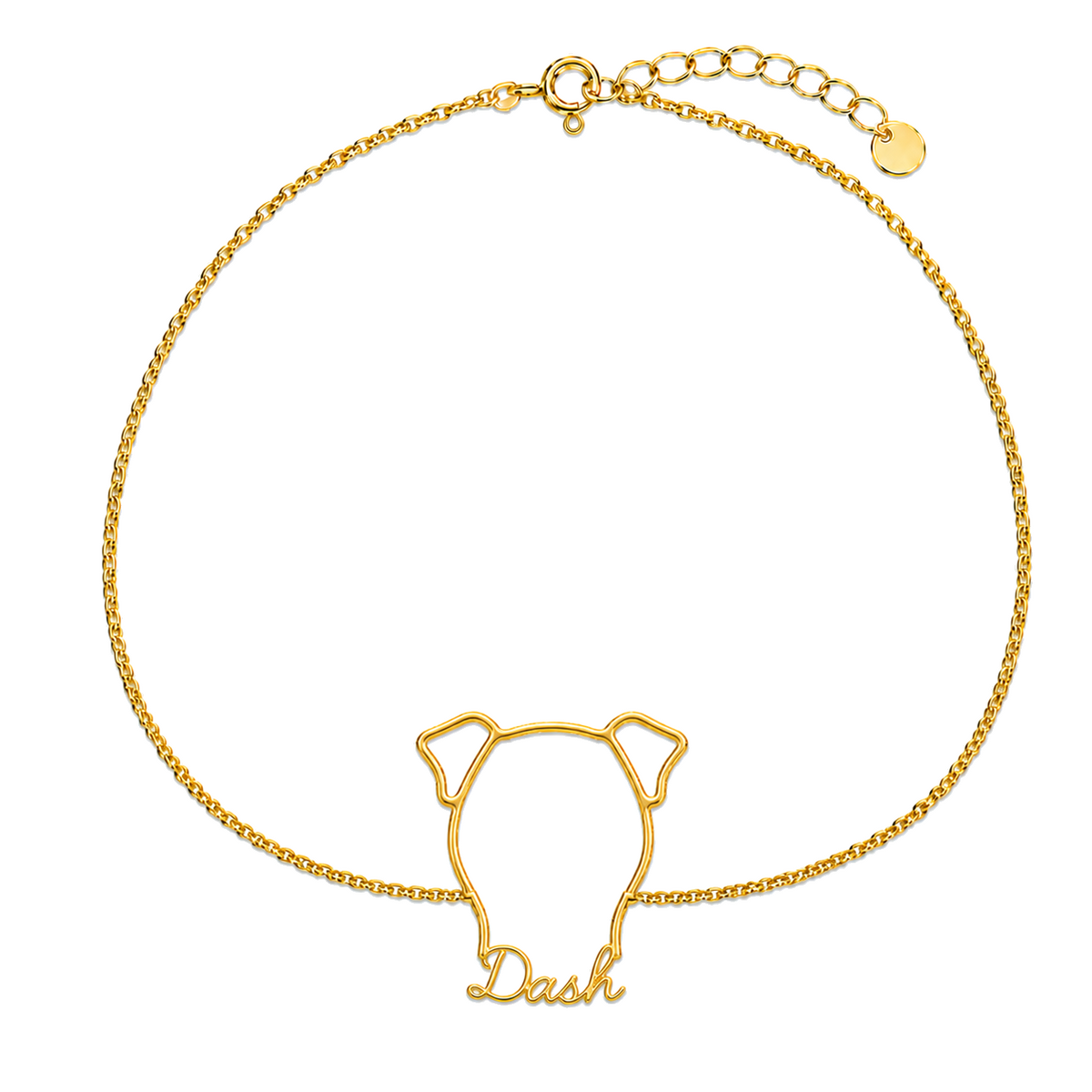 Soulyshine Greyhound Whisper Outline pet face and Dash name handcrafted bracelet - 18K Gold Vermeil front