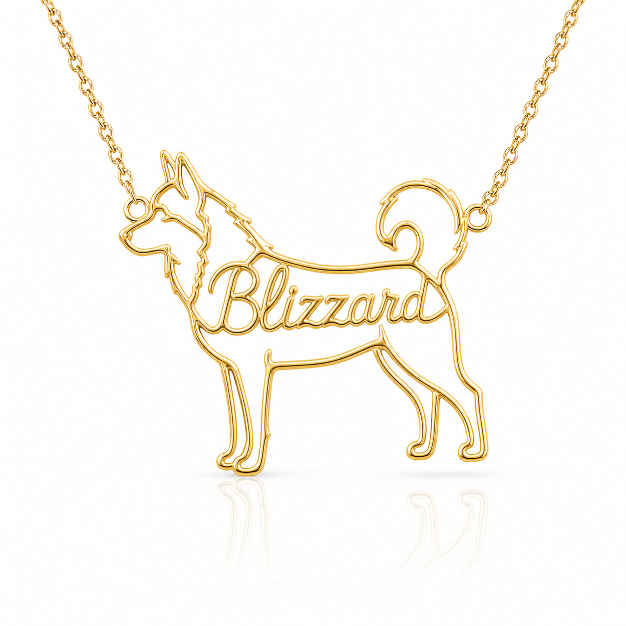Soulyshine Husky personalized dog silhouette name necklace in gold - Blizzard design