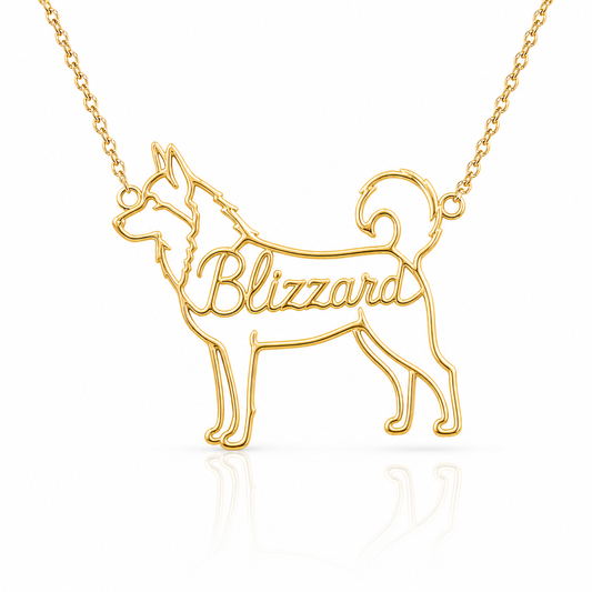 Soulyshine Husky personalized dog silhouette name necklace in gold - Blizzard design