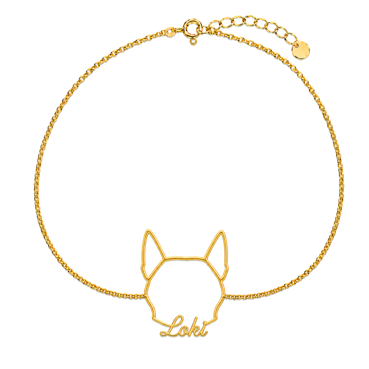 Soulyshine Husky Whisper Outline pet face and Loki name handcrafted bracelet - 18K Gold Vermeil front
