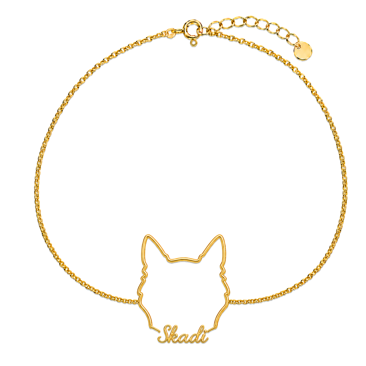 Soulyshine Icelandic Sheepdog Whisper Outline pet face and Skadi name handcrafted bracelet - 18K Gold Vermeil front