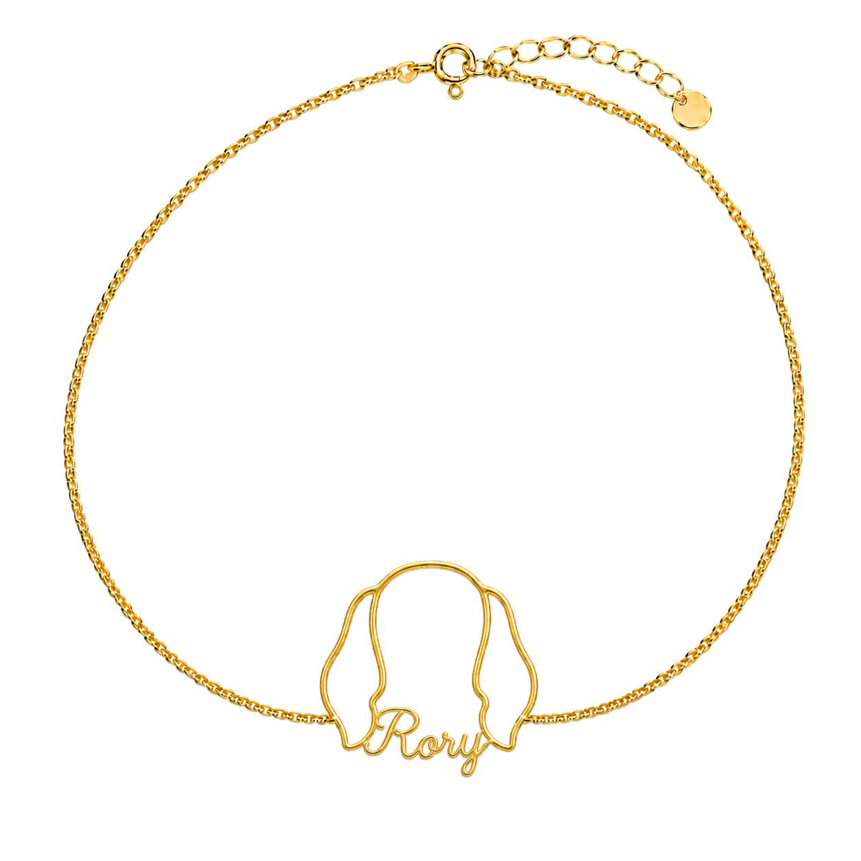 Soulyshine Irish Red and White Setter Whisper Outline pet face and Rory name handcrafted bracelet - 18K Gold Vermeil front