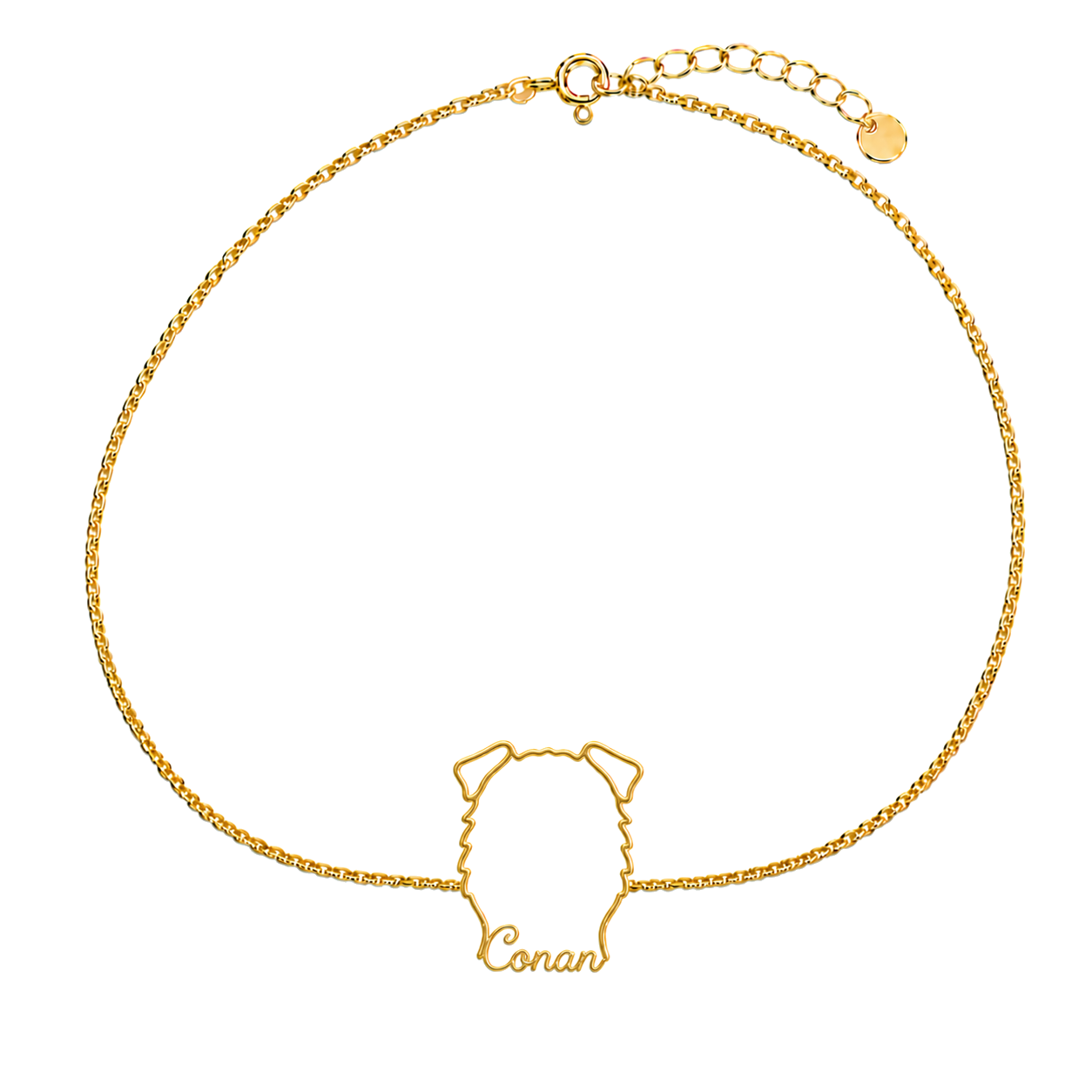 Soulyshine Irish Wolfhound Whisper Outline pet face and Conan name handcrafted bracelet - 18K Gold Vermeil front