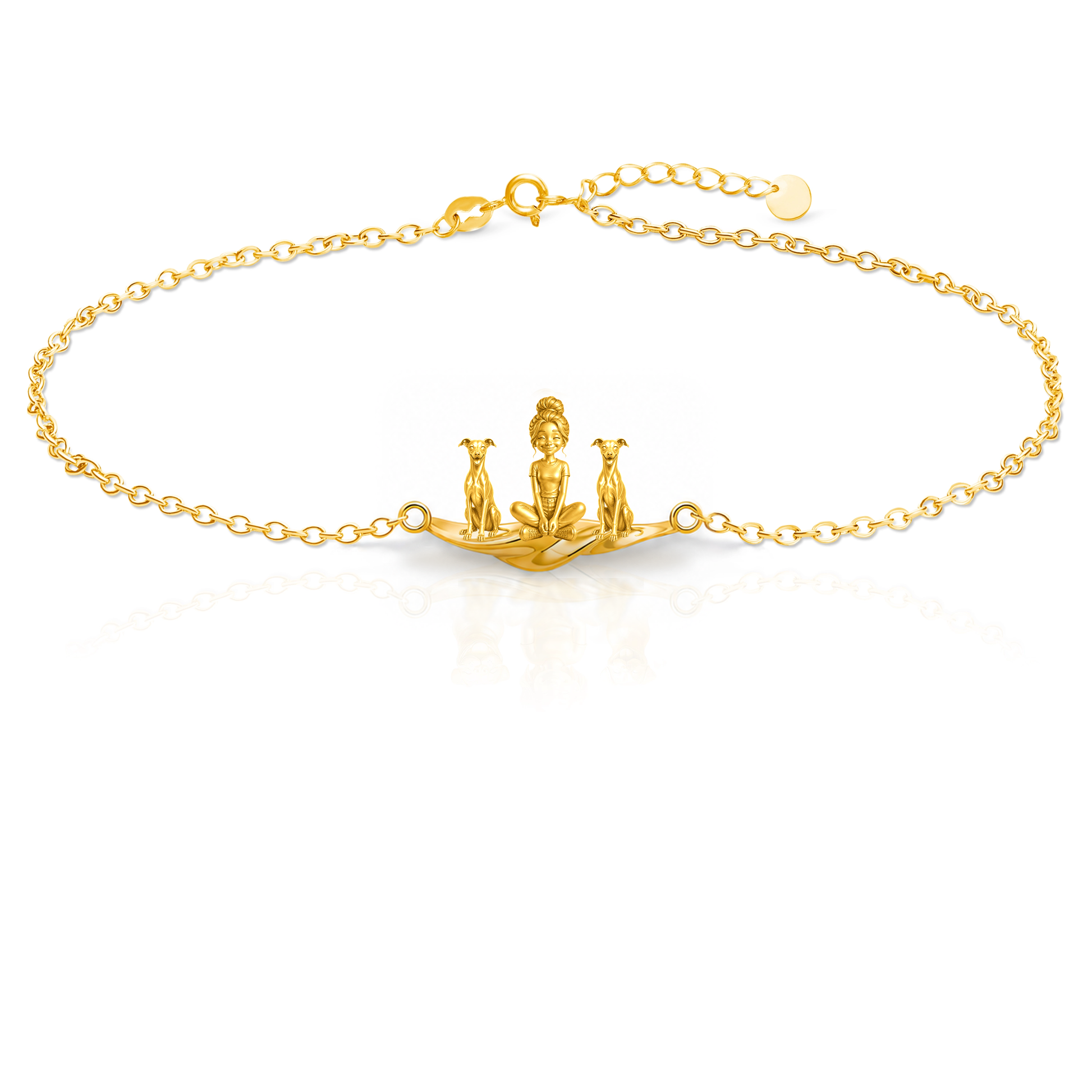 Italian-Greyhound Personalized Girl And Her Pets Bracelet - 10K Solid Gold - Front