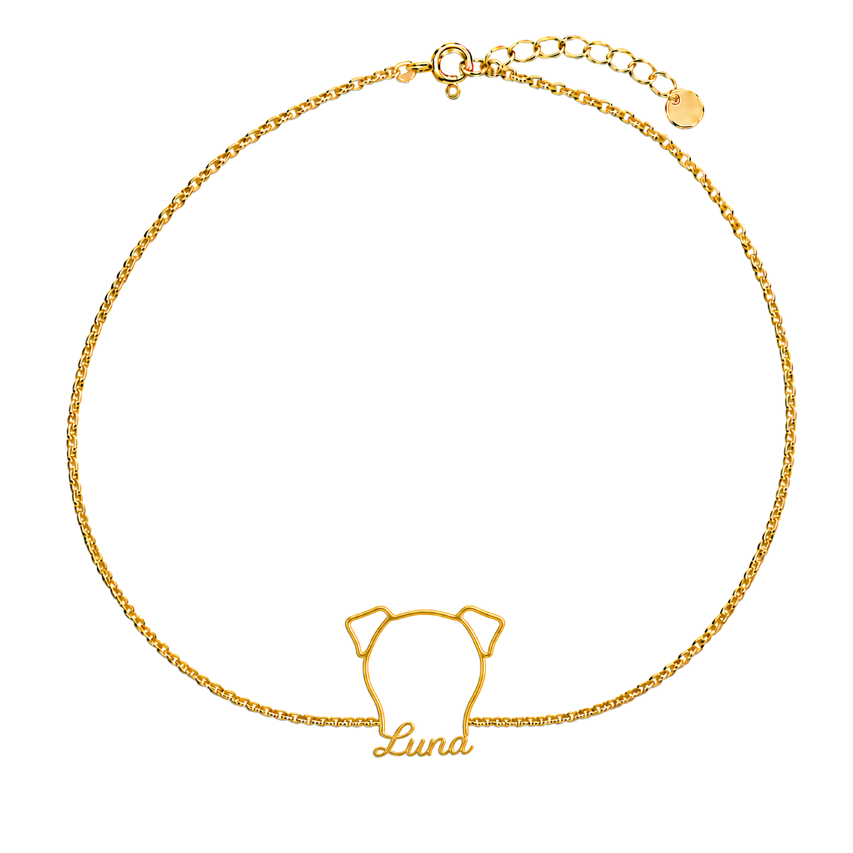 Soulyshine Italian Greyhound Whisper Outline pet face and Luna name handcrafted bracelet - 18K Gold Vermeil front