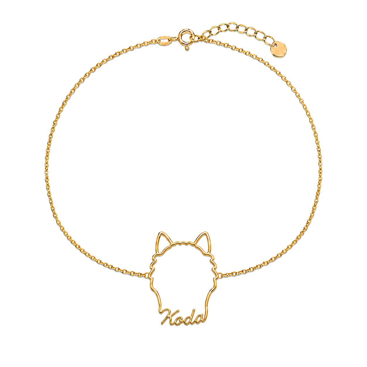 Soulyshine Keeshond Whisper Outline pet face and Koda name handcrafted bracelet - 18K Gold Vermeil front