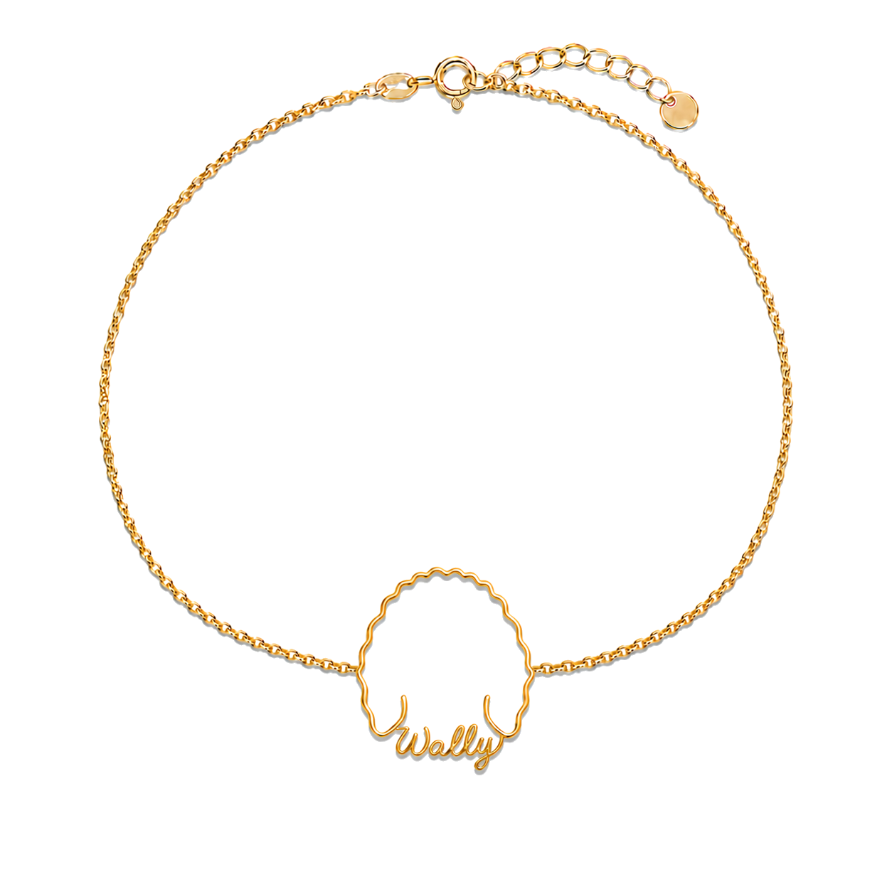 Soulyshine Labradoodle Whisper Outline pet face and Wally name handcrafted bracelet - 18K Gold Vermeil front