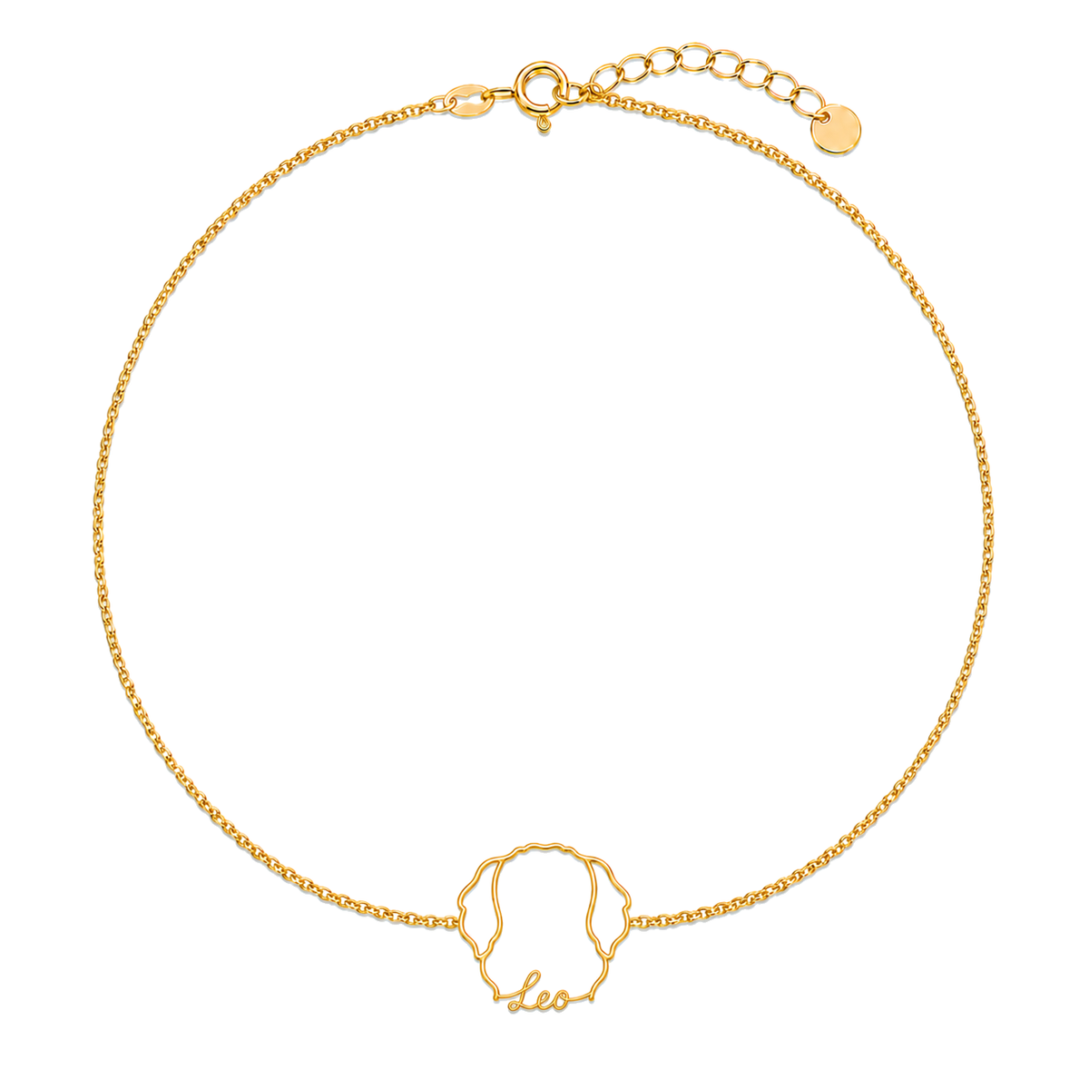 Soulyshine Leonberger Whisper Outline pet face and Leo name handcrafted bracelet - 18K Gold Vermeil front