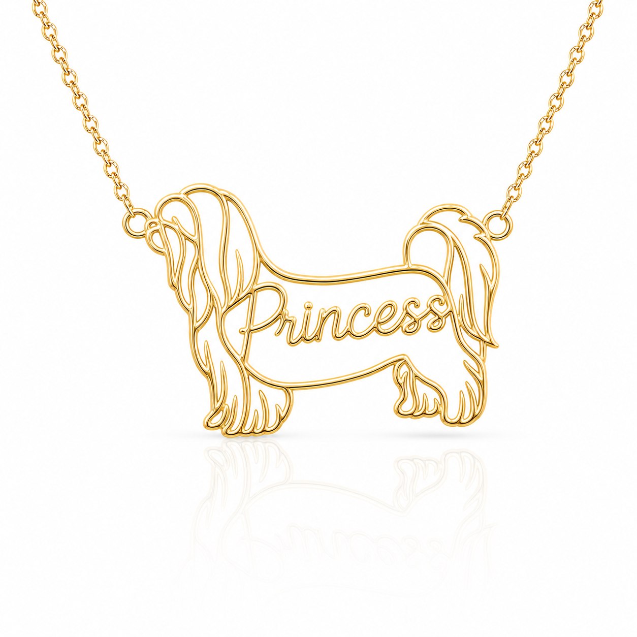 Soulyshine Lhasa Apso long coat personalized dog silhouette name necklace in gold - Princess design
