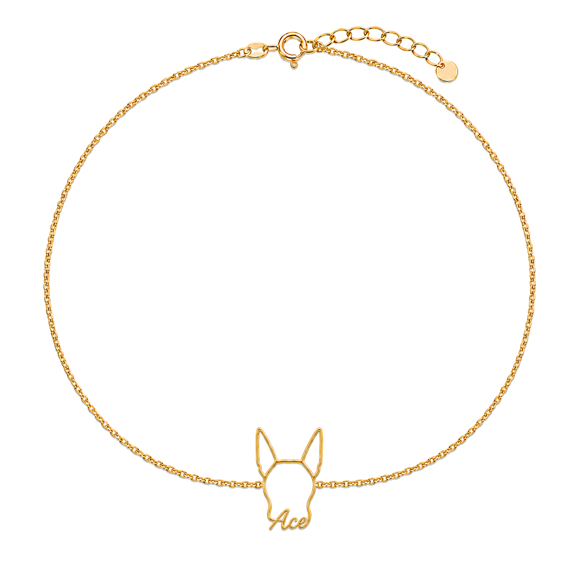 Soulyshine Manchester Terrier Whisper Outline pet face and Ace name handcrafted bracelet - 18K Gold Vermeil front