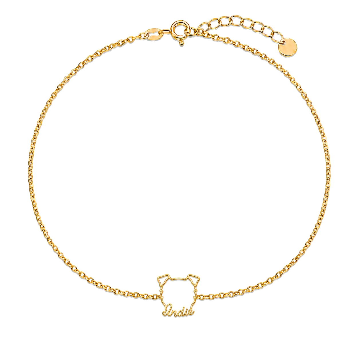 Soulyshine Mini Aussie Whisper Outline pet face and Indie name handcrafted bracelet - 18K Gold Vermeil front