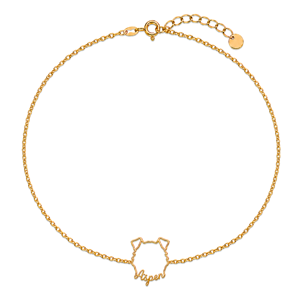 Soulyshine Miniature American Shepherd Whisper Outline pet face and Aspen name handcrafted bracelet - 18K Gold Vermeil front