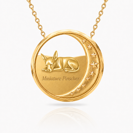 SoulyShine Miniature Pinscher Starry Slumber – Personalized Pet in The Moon Necklace - 18K Gold Vermeil front